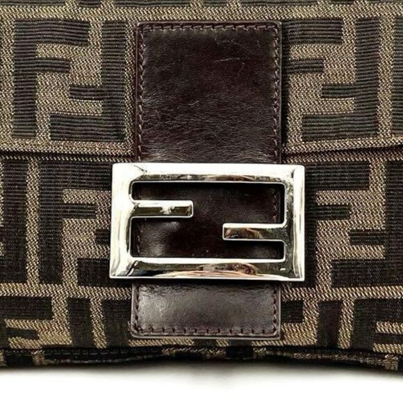 Authentic FENDI Zucca Mamma Baguette Canvas Leather Shoulder Bag Brown - Picture 10 of 11